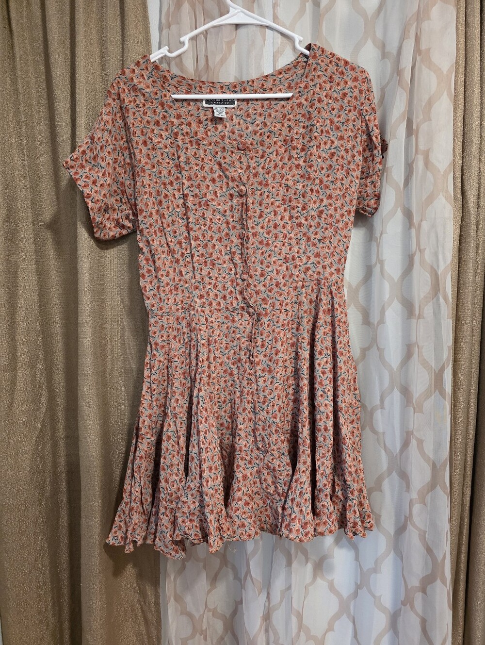 Contempo Casuals Orange Floral Short Sleevr Button Down Mini Dress